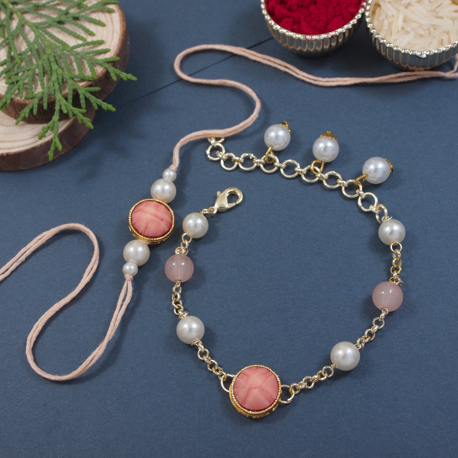 Elegant Bhaiya Bhabhi Peach Lumba Pearl & Rakhi With Roli Chawal &Card