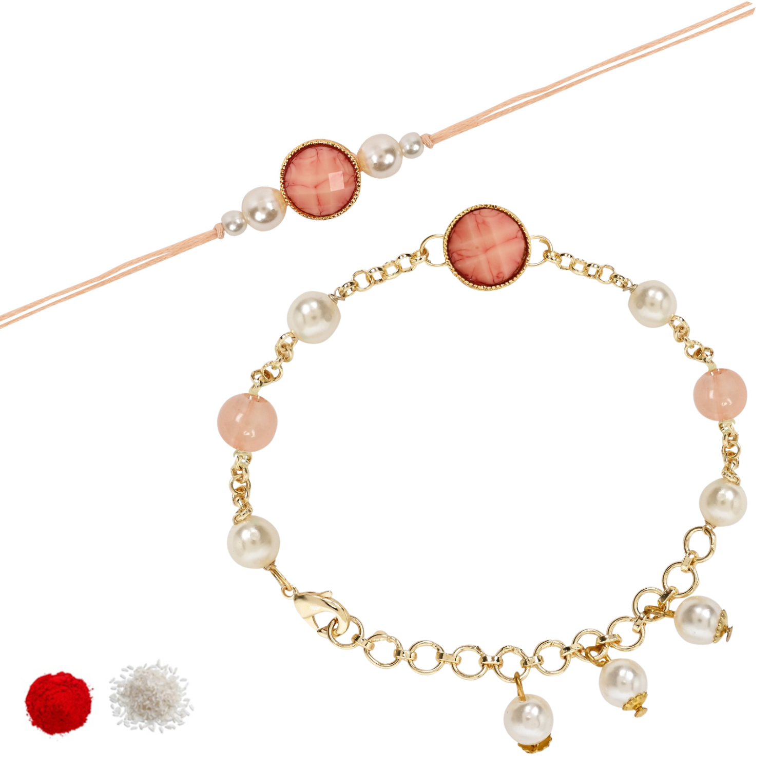 Elegant Bhaiya Bhabhi Peach Lumba Pearl & Rakhi With Roli Chawal &Card