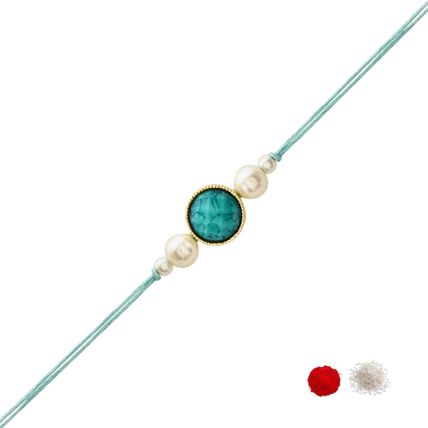 Delicate Pearl Beads Marble Finish Turquoise Rakhi with Roli Chawal & Rakshabandhan Card