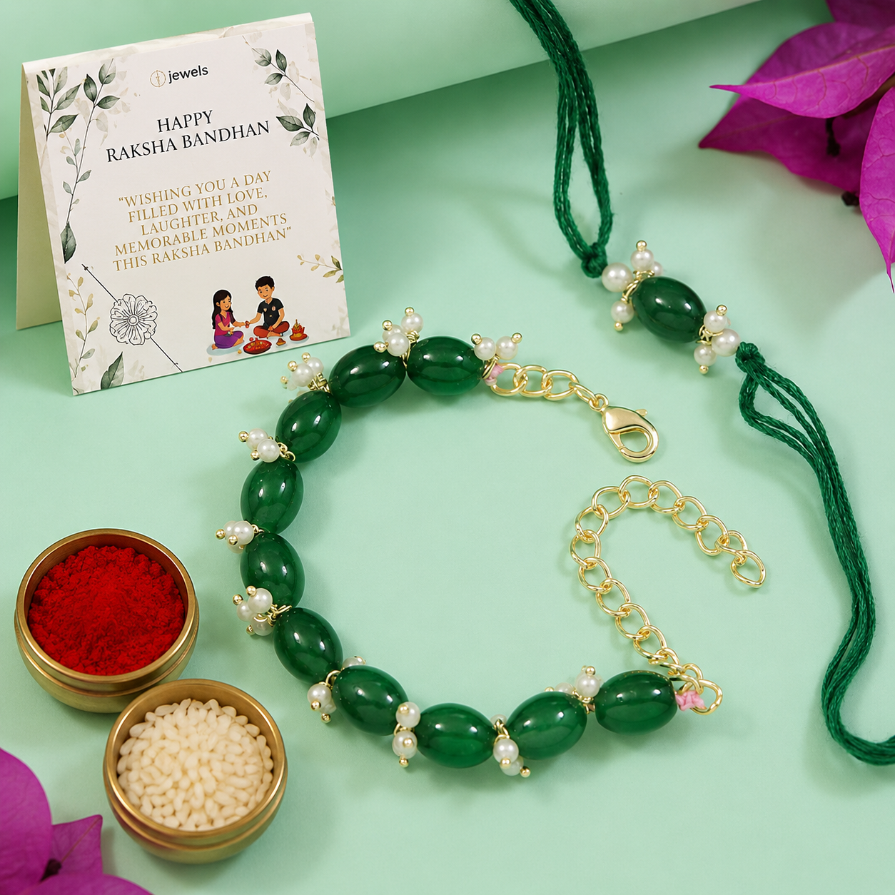 Elegant Bhaiya Bhabhi Green Lumba & Pearl Rakhi With Roli Chawal &Card
