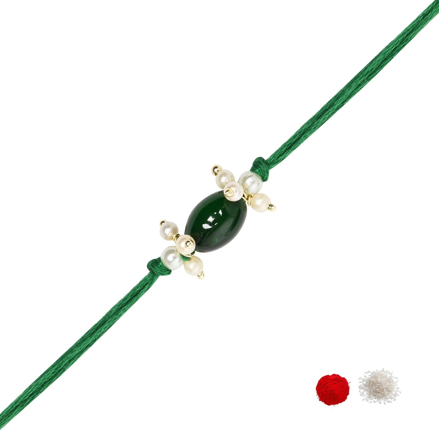Delicate Pearl Beads Green Rakhi with Roli Chawal & Rakshabandhan Card