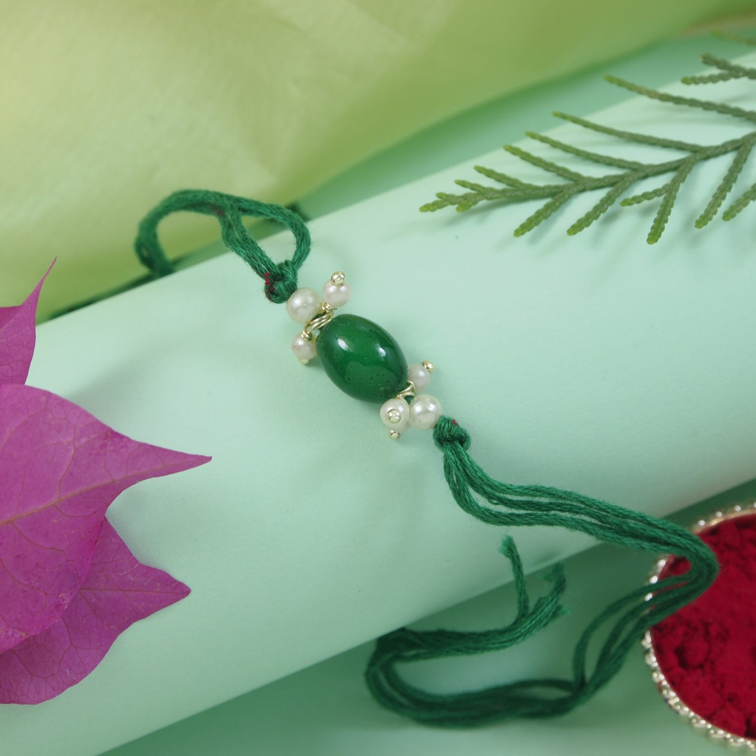 Delicate Pearl Beads Green Rakhi with Roli Chawal & Rakshabandhan Card