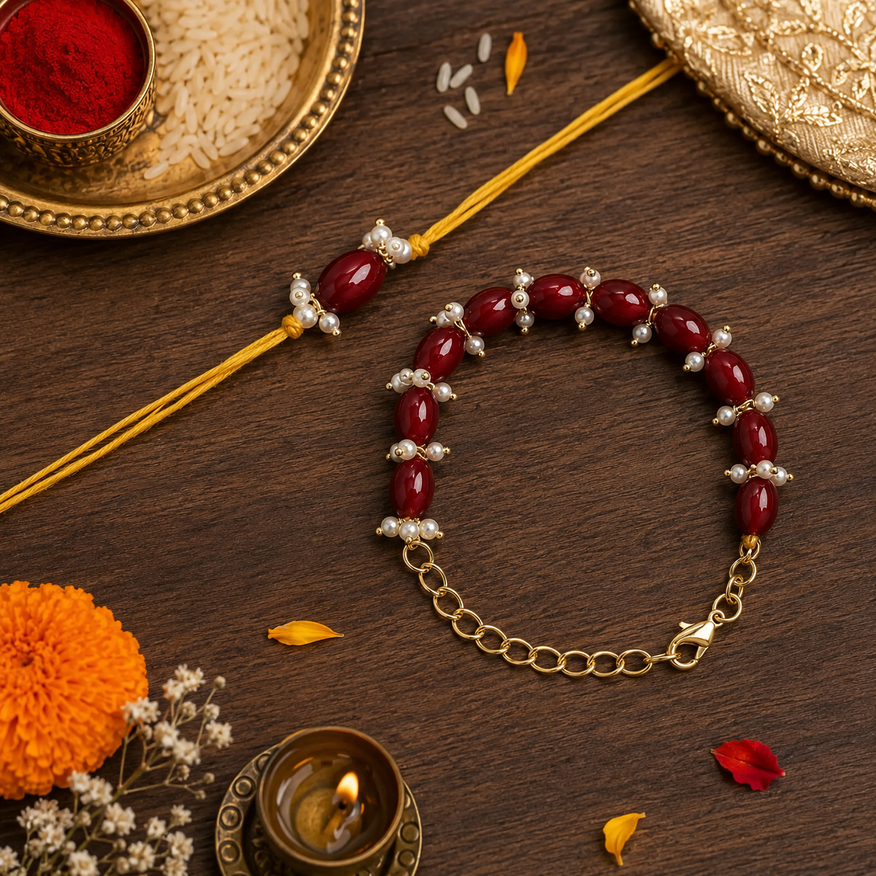 Elegant Bhaiya Bhabhi Maroon Lumba Pearl & Rakhi With Roli Chawal &Card