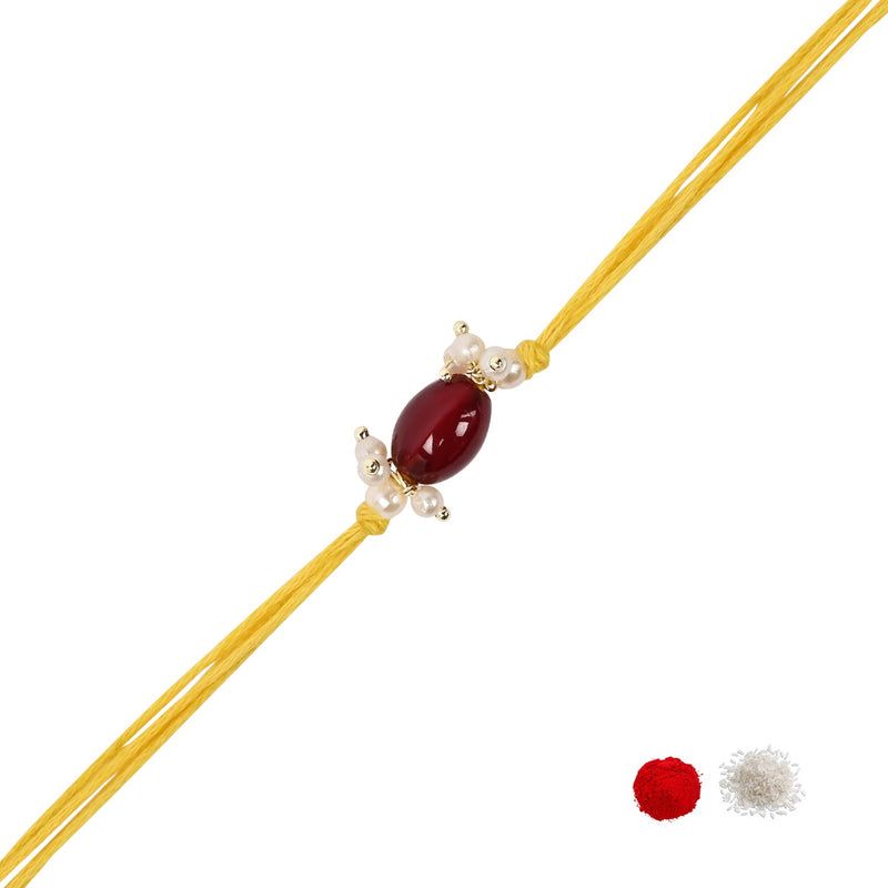 Delicate Pearl Beads Maroon Rakhi with Roli Chawal & Rakshabandhan Card