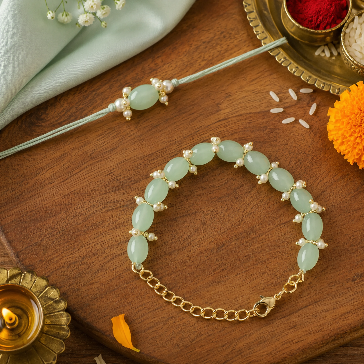 Elegant Bhaiya Bhabhi Mint Lumba Pearl & Rakhi With Roli Chawal &Card