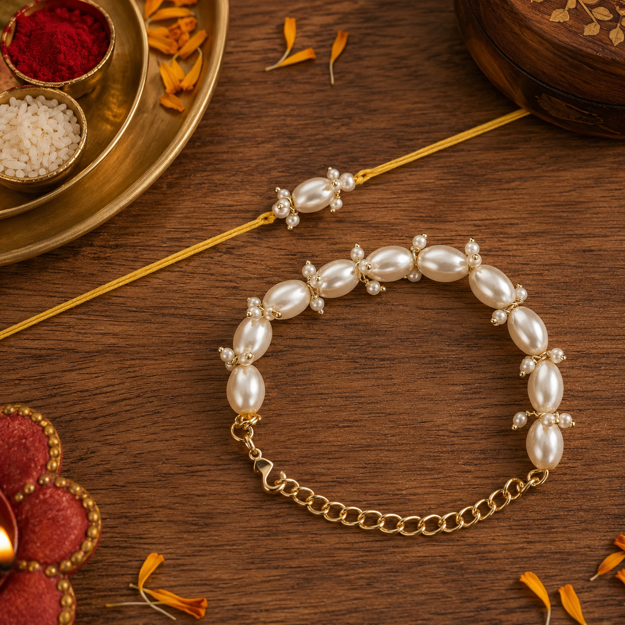 Elegant Bhaiya Bhabhi White Lumba Pearl Rakhi With Roli Chawal &Card