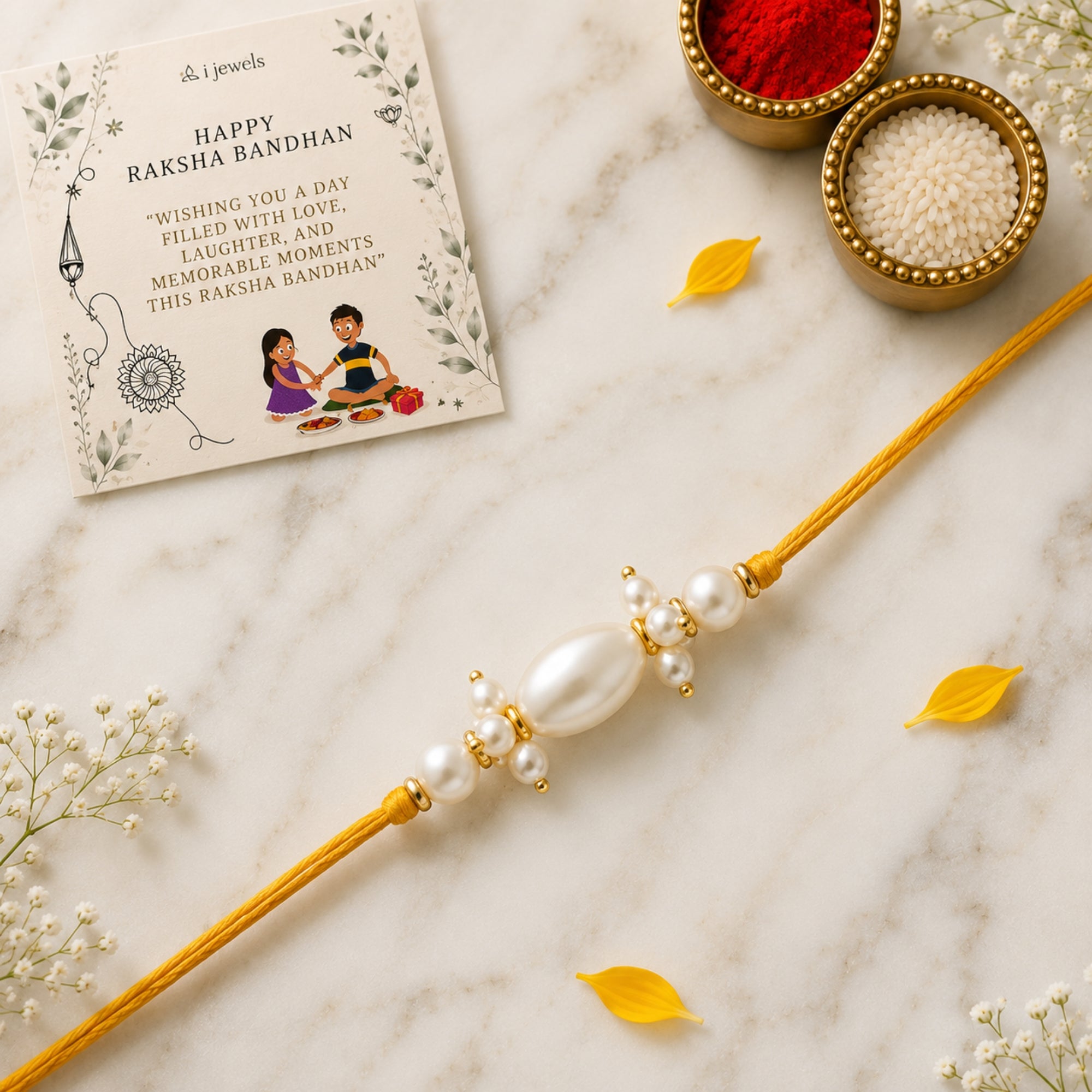 Delicate Pearl Beads White Rakhi with Roli Chawal & Rakshabandhan Card