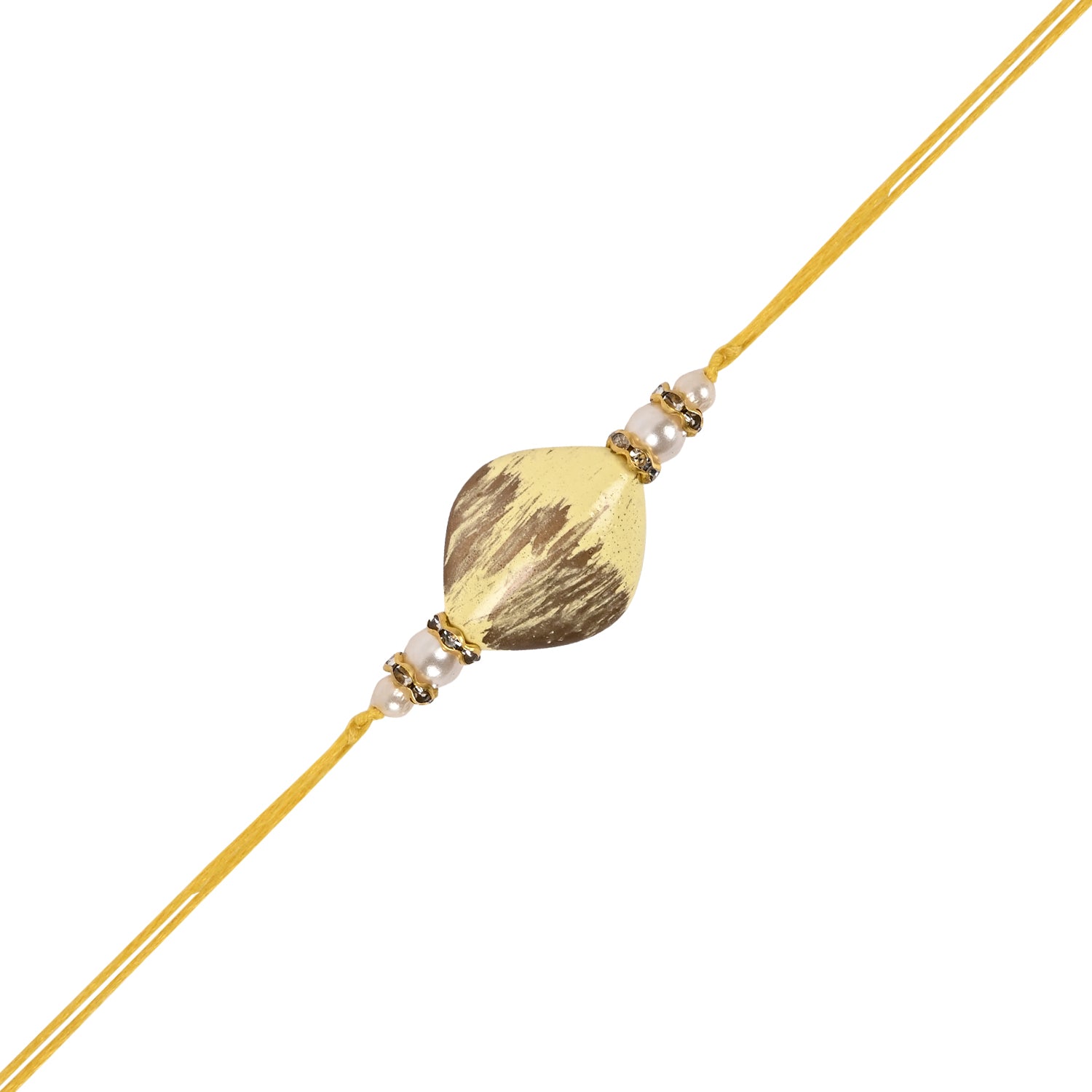Delicate Pearl Beads Yellow Rakhi with Roli Chawal & Rakshabandhan Card