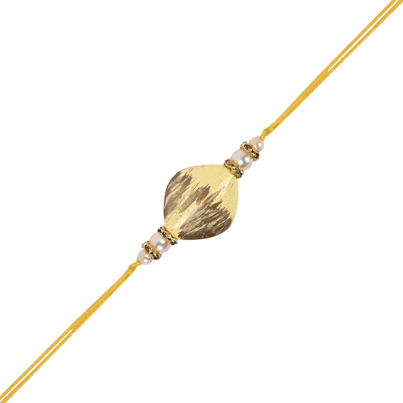 Delicate Pearl Beads Yellow Rakhi with Roli Chawal & Rakshabandhan Card