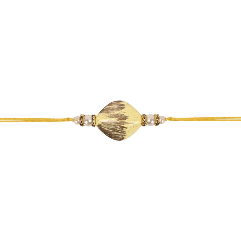 Delicate Pearl Beads Yellow Rakhi with Roli Chawal & Rakshabandhan Card