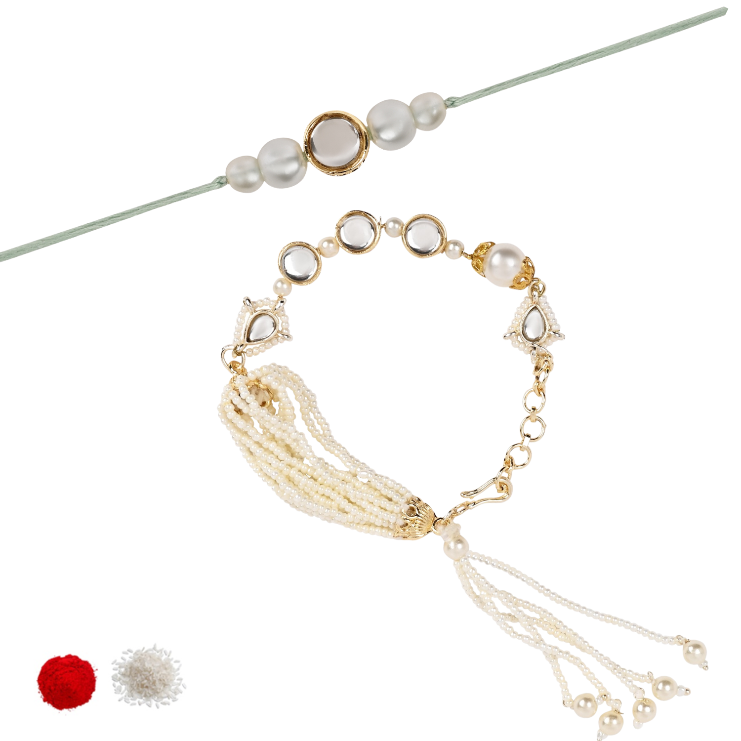 Elegant Bhaiya Bhabhi White Lumba Pearl Rakhi With Roli Chawal &Card