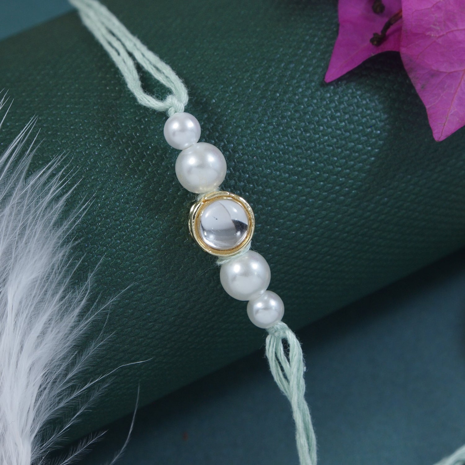 Delicate Pearl Beads White Rakhi with Roli Chawal & Rakshabandhan Card