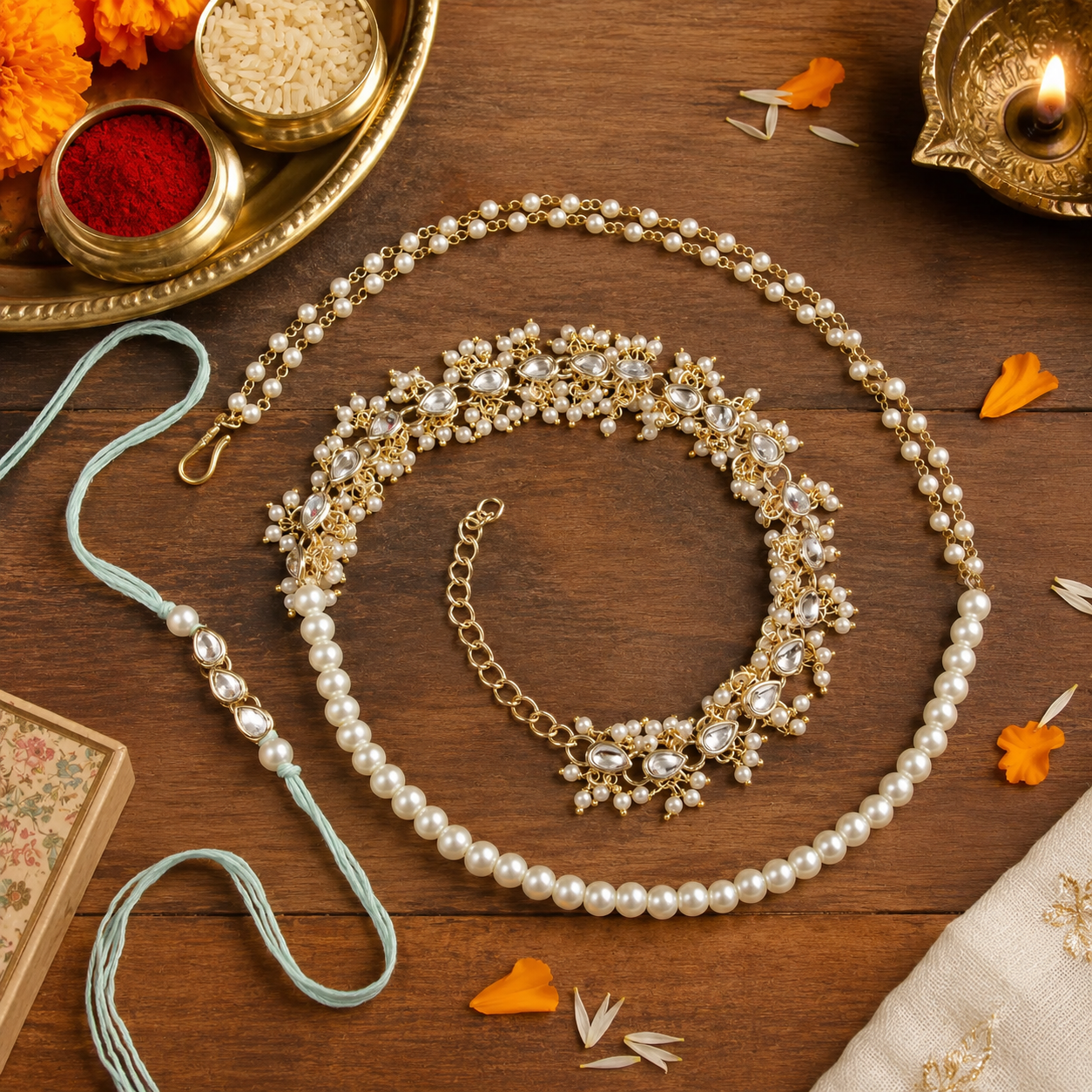 Elegant Bhaiya Bhabhi White Wrap Around Lumba Pearl Rakhi With Roli Chawal &Card