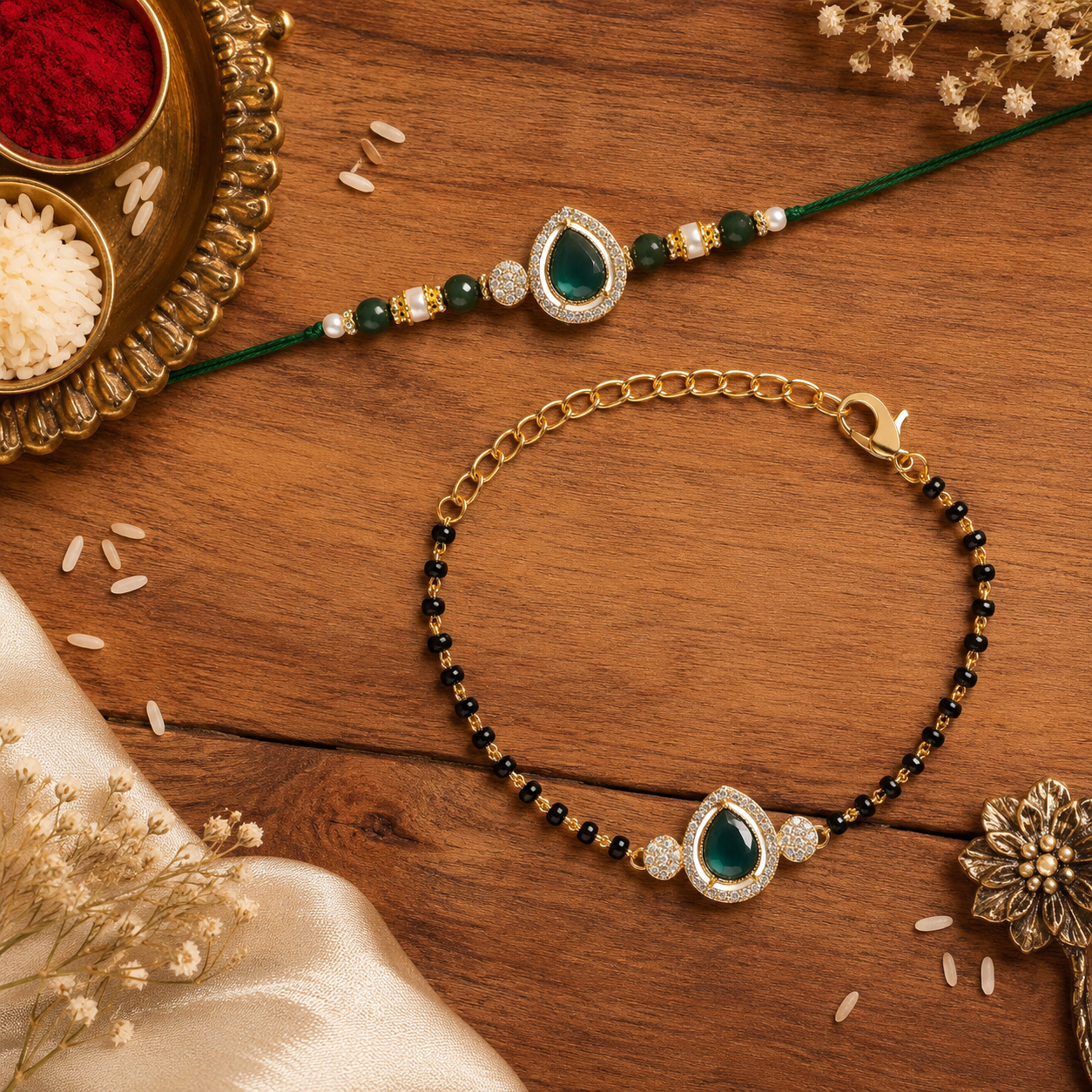 Elegant Bhaiya Bhabhi Pearl Lumba Mangalsutra Bracelet & Rakhi With Roli Chawal & Card
