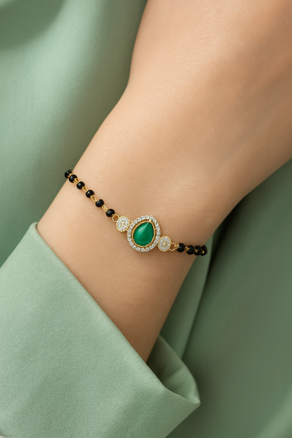 Intricately Crafted Green Drop-Shaped Mangalsutra Bracelet