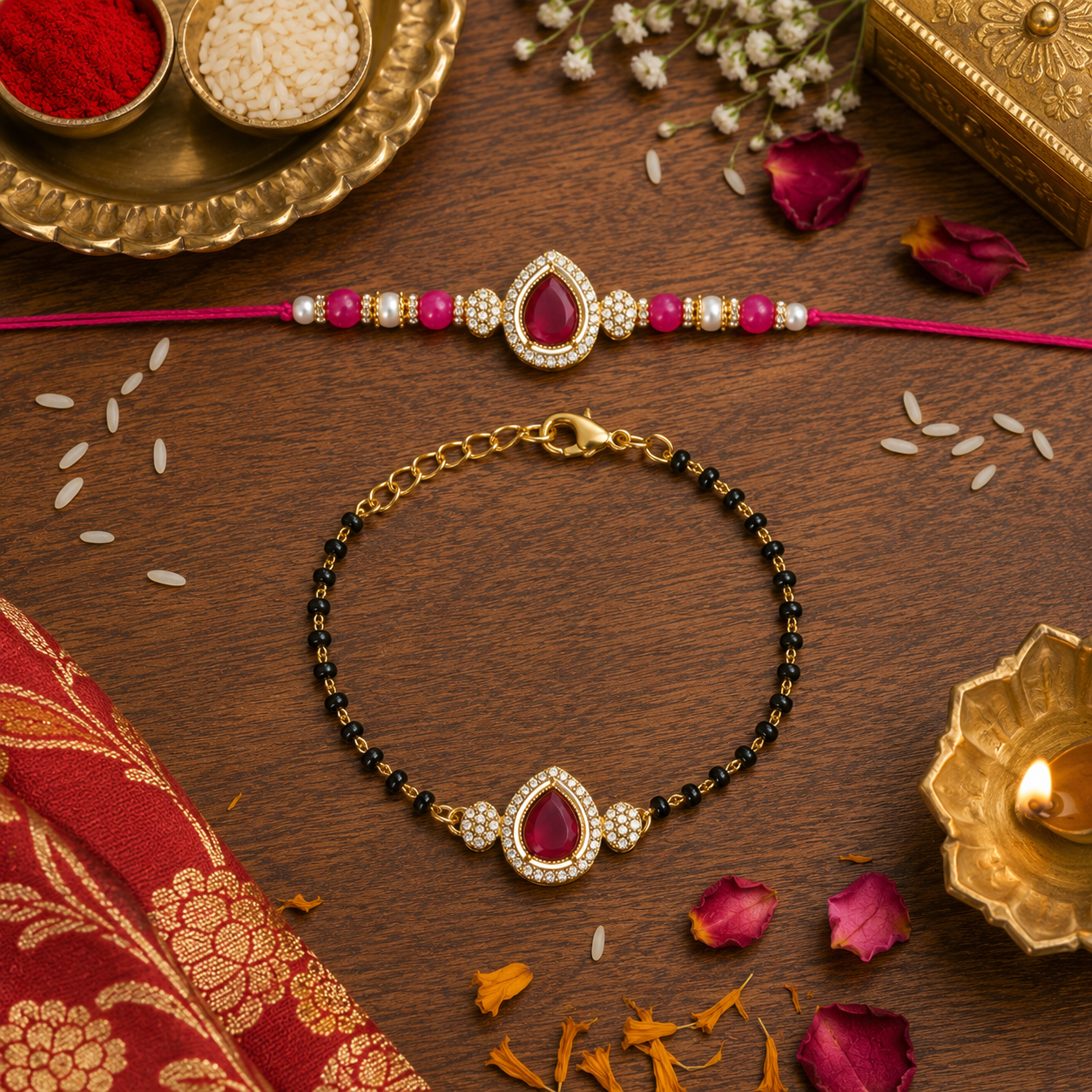 Elegant Bhaiya Bhabhi Lumba Pearl & Rakhi With Roli Chawal & Card