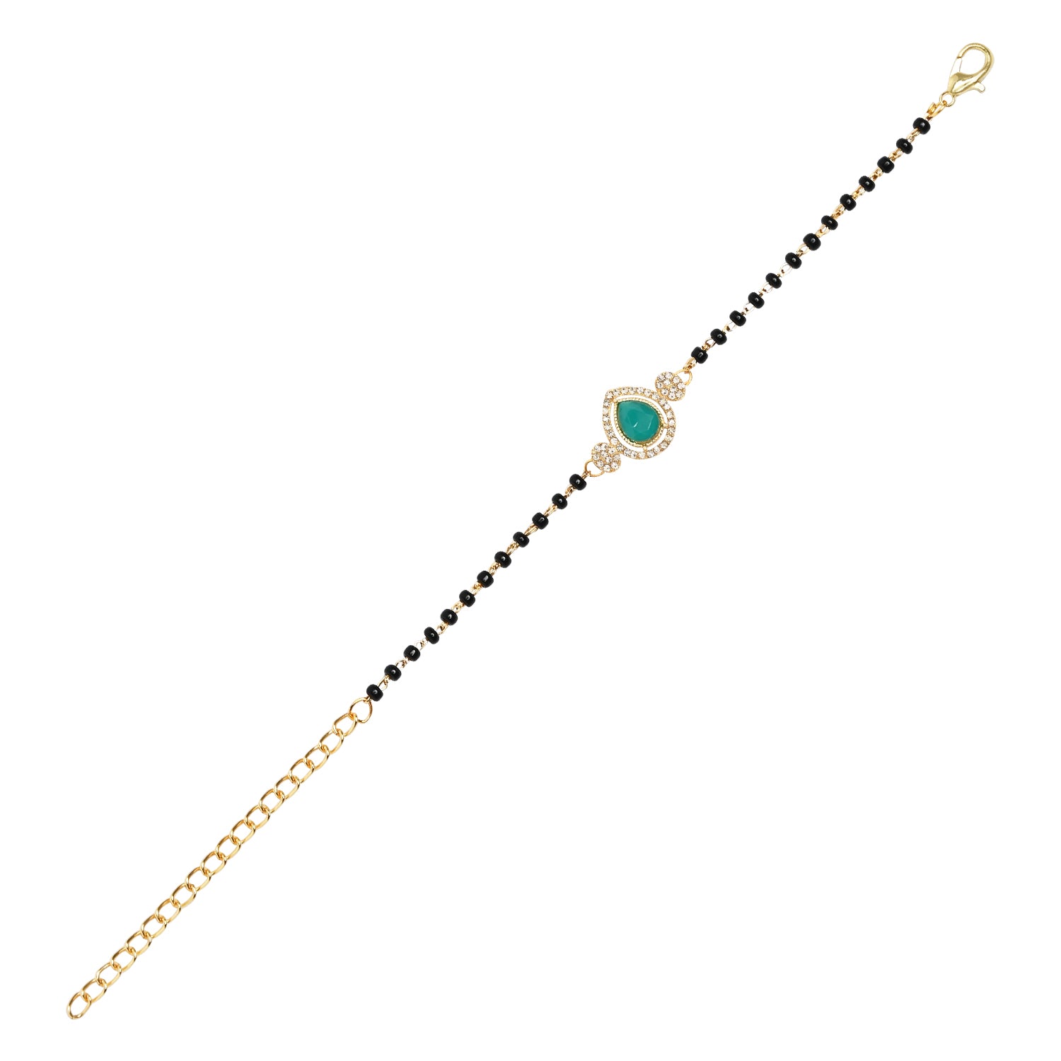 Elegant Bhaiya Bhabhi Turquoise Pearl Lumba Mangalsutra Bracelet Rakhi With Roli Chawal & Card