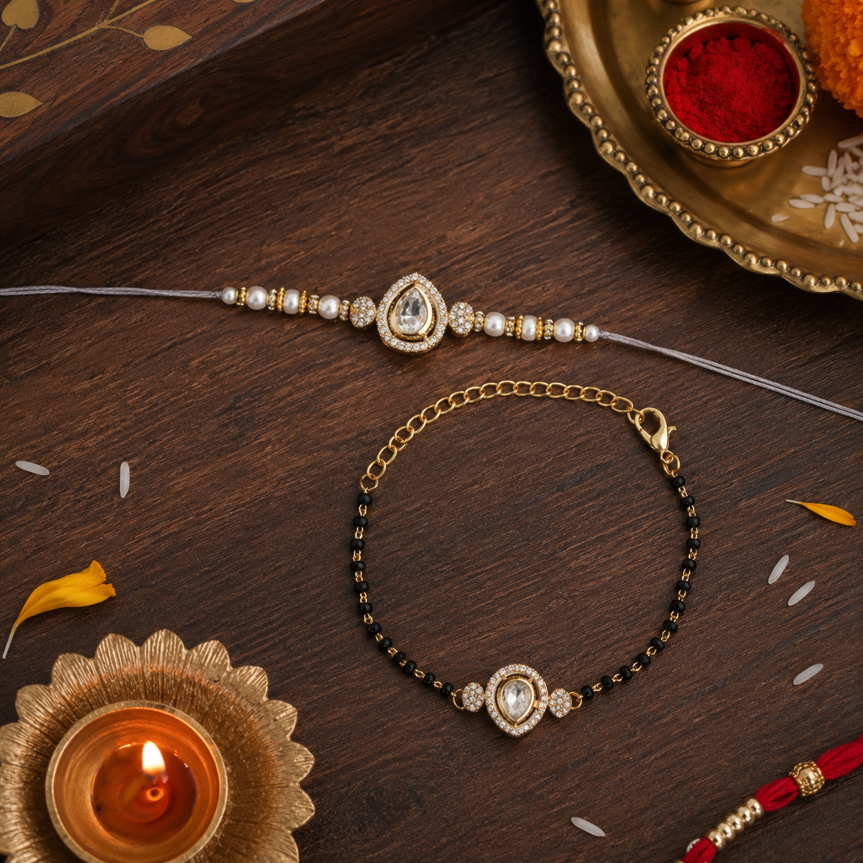 Elegant Bhaiya Bhabhi Pearl Lumba Mangalsutra Bracelet & Rakhi With Roli Chawal & Card
