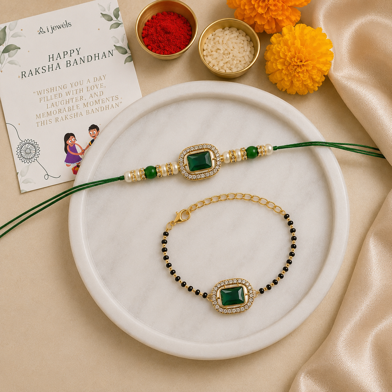 Elegant Bhaiya Bhabhi Pearl Lumba Mangalsutra Bracelet & Rakhi With Roli Chawal & Card