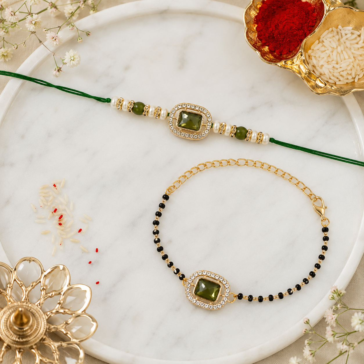 Elegant Bhaiya Bhabhi Pearl Lumba Mangalsutra Bracelet & Rakhi With Roli Chawal & Card