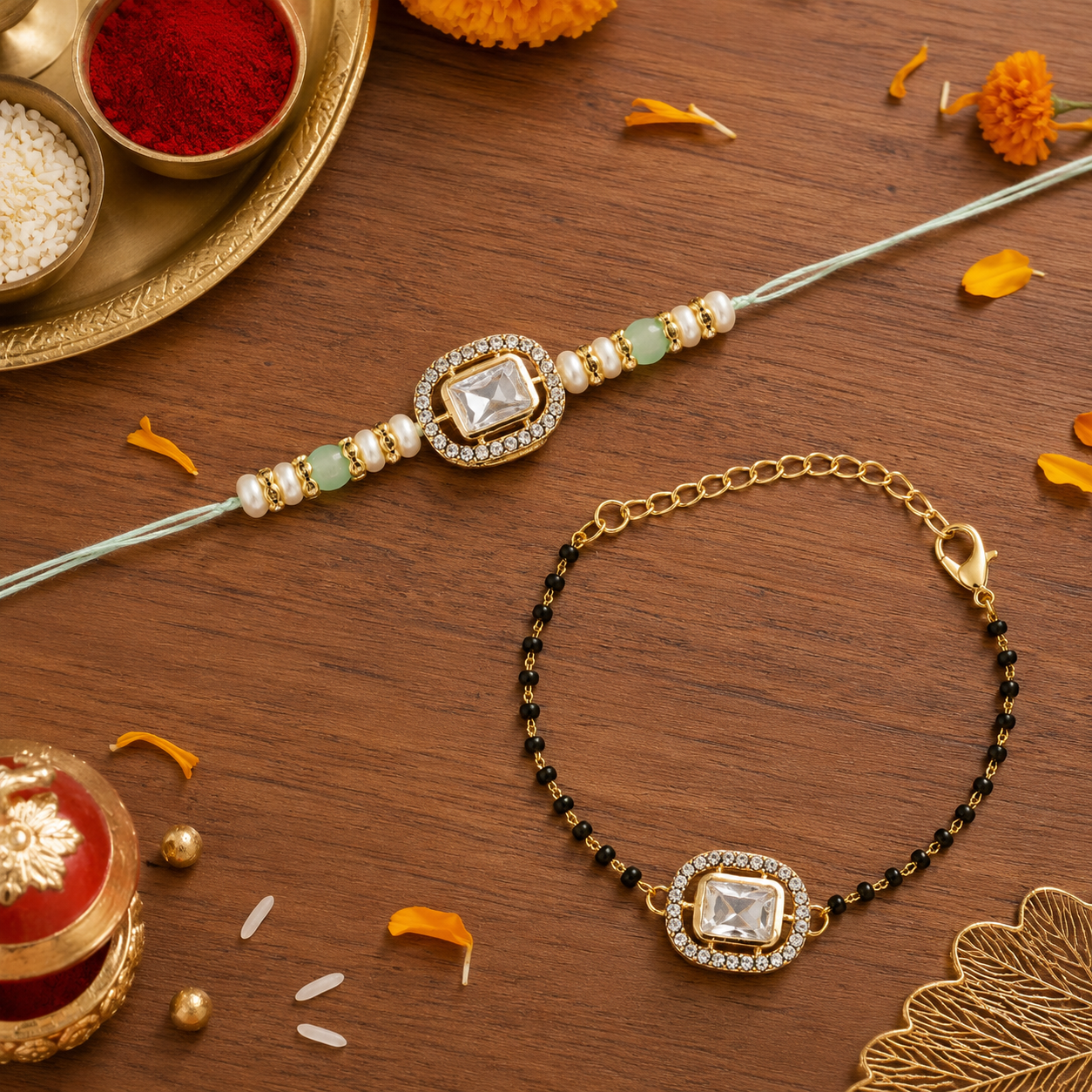 Elegant Bhaiya Bhabhi Pearl Lumba Mangalsutra Bracelet & Rakhi With Roli Chawal & Card