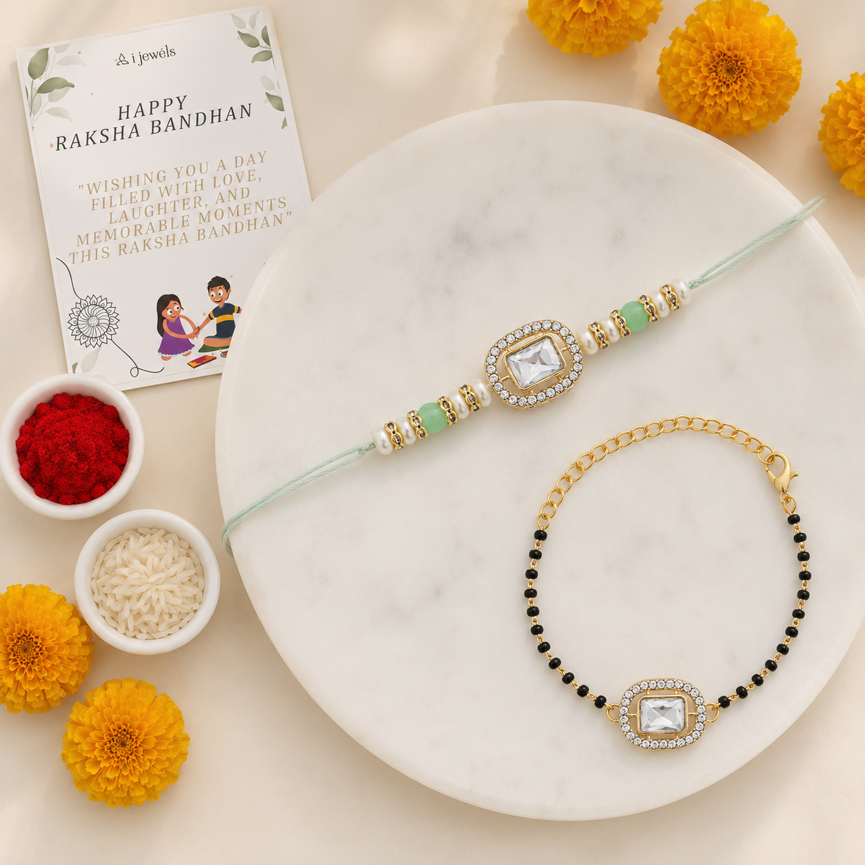 Elegant Bhaiya Bhabhi Pearl Lumba Mangalsutra Bracelet & Rakhi With Roli Chawal & Card