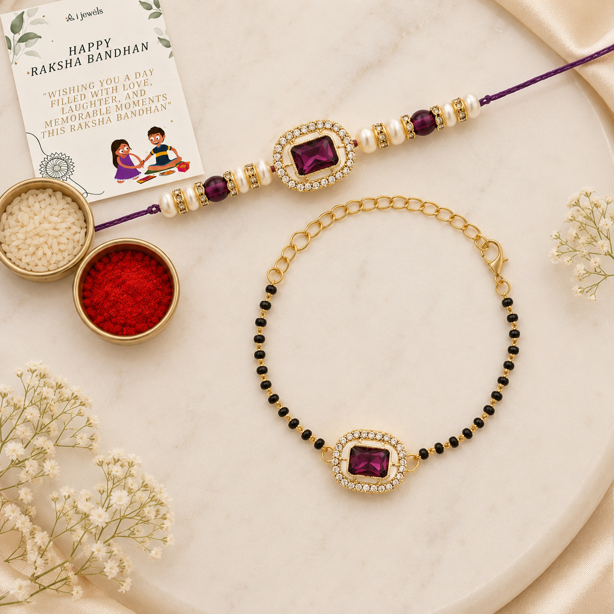 Elegant Bhaiya Bhabhi Pearl Lumba Mangalsutra Bracelet & Rakhi With Roli Chawal & Card