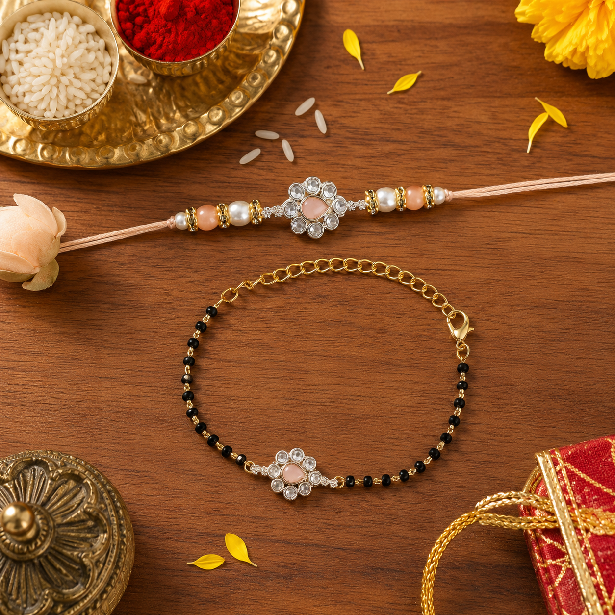 Elegant Bhaiya Bhabhi Pearl Lumba Mangalsutra Bracelet & Rakhi With Roli Chawal & Card