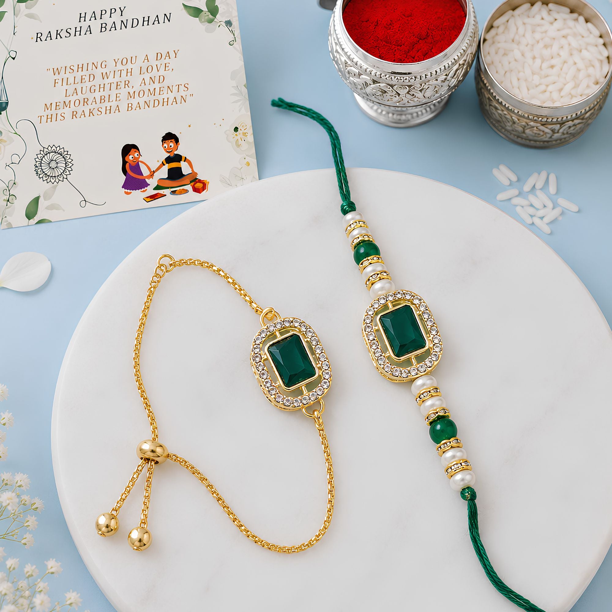 Designer Bhaiya Bhabhi Green Lumba Bracelet & Rakhi With Roli Chawal & Card