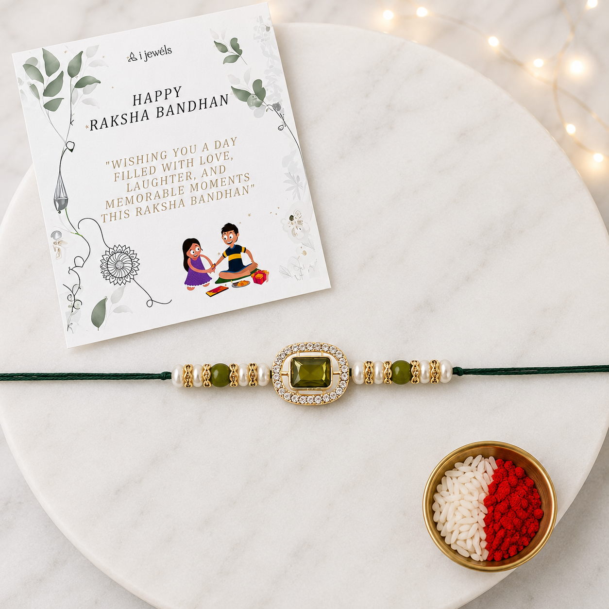 Delicate Pearl Beads Mehendi Rakhi with Roli Chawal & Rakshabandhan Card