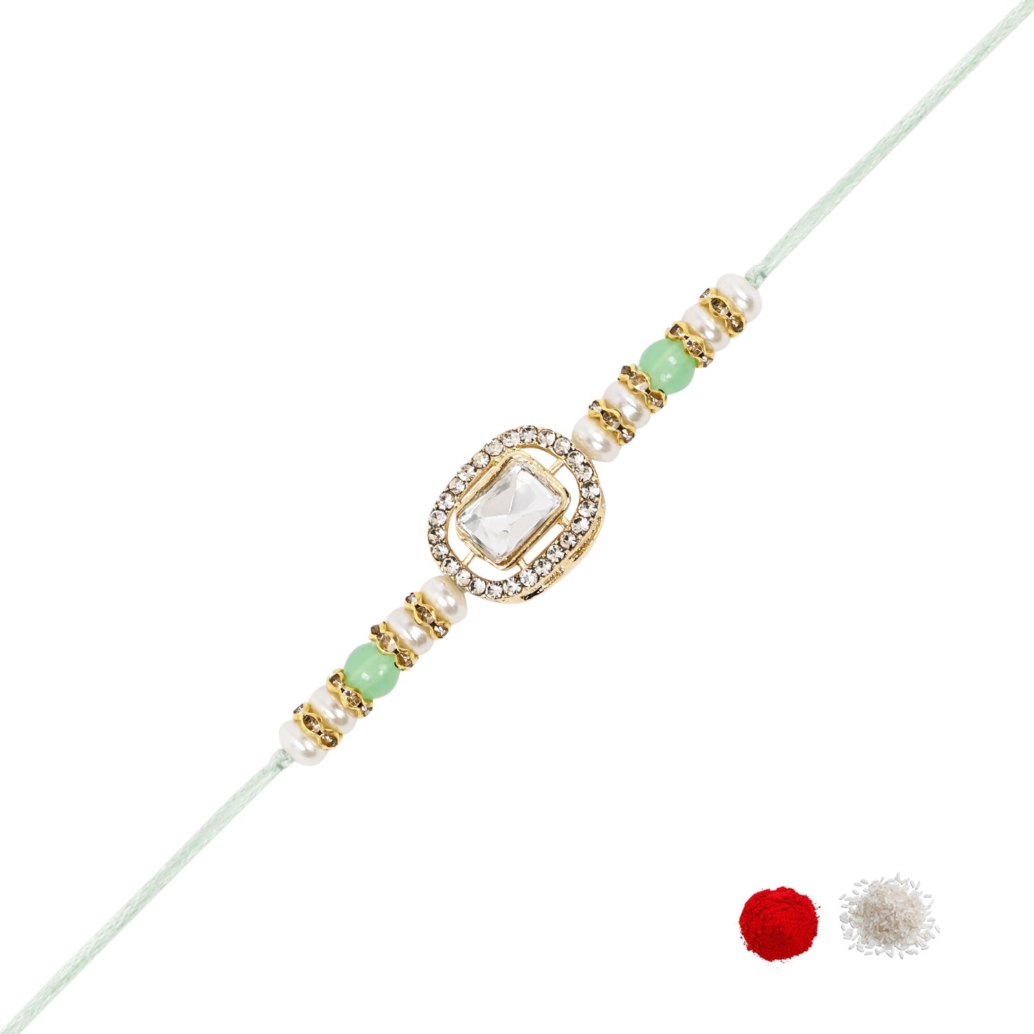Delicate Pearl Beads Mint Rakhi with Roli Chawal & Rakshabandhan Card