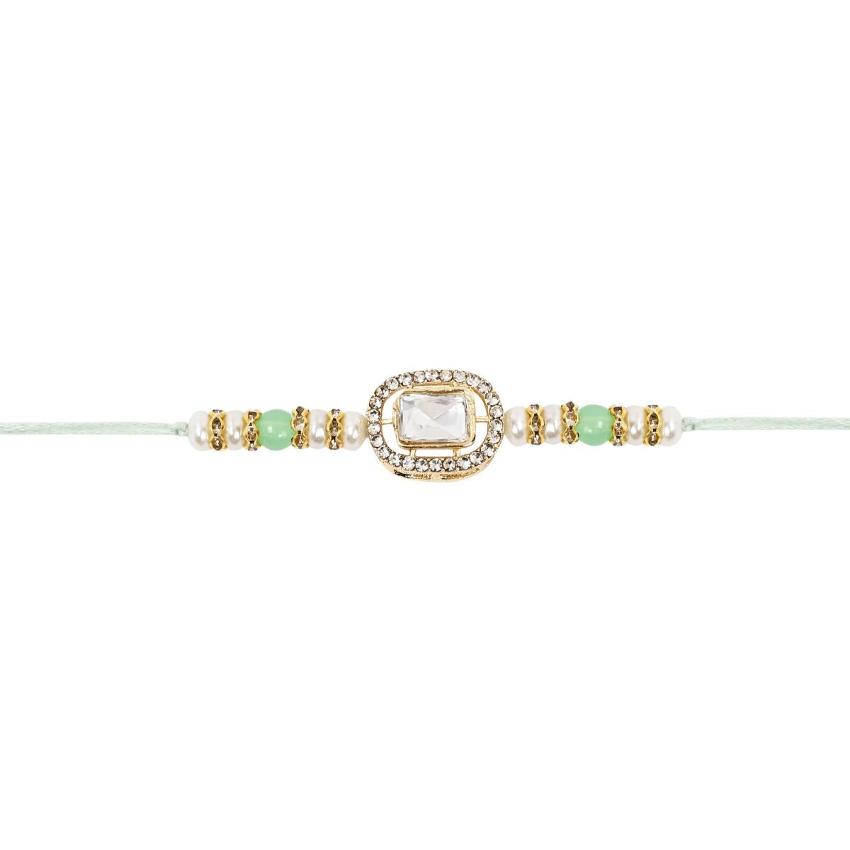 Delicate Pearl Beads Mint Rakhi with Roli Chawal & Rakshabandhan Card