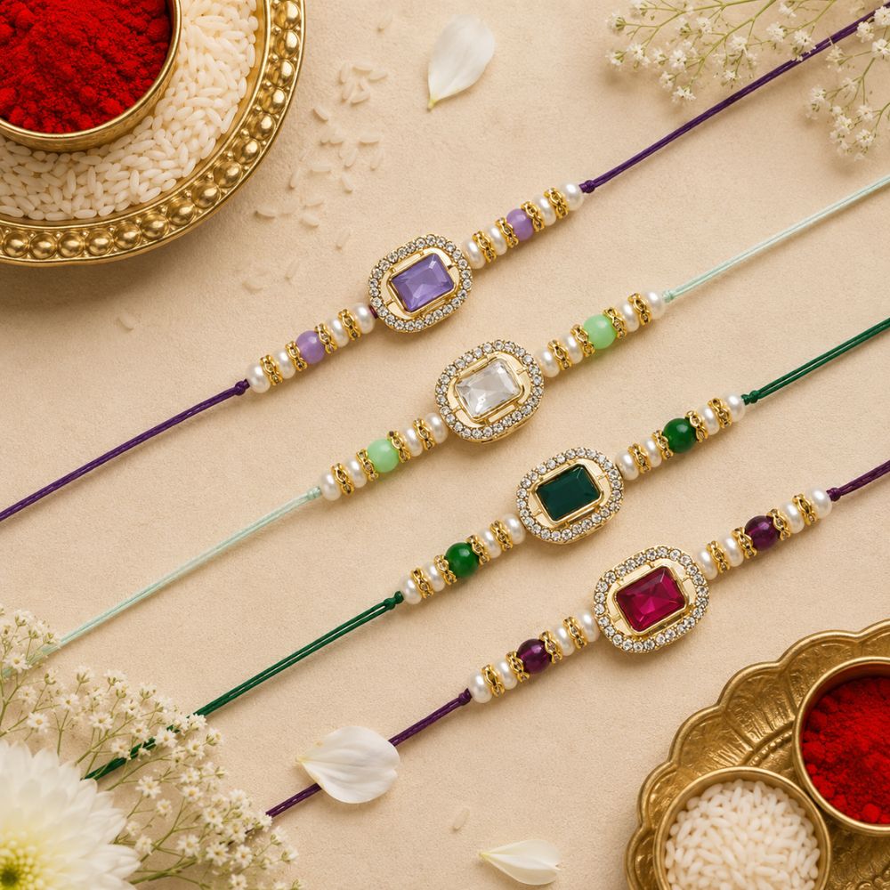 Elegance Kundan & Pearl Beads Rakhi with Roli Chawal & Card (Pack of 4)