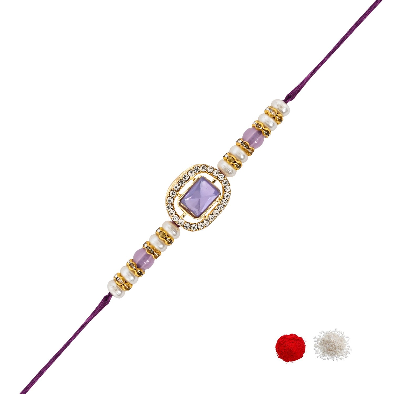 Delicate Pearl Beads Purple Rakhi with Roli Chawal & Rakshabandhan Card