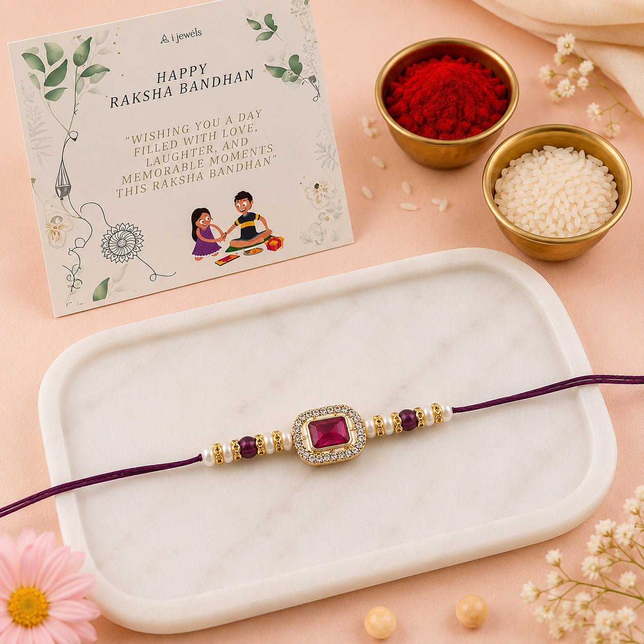 Delicate Pearl Beads Green Rakhi with Roli Chawal & Rakshabandhan Card