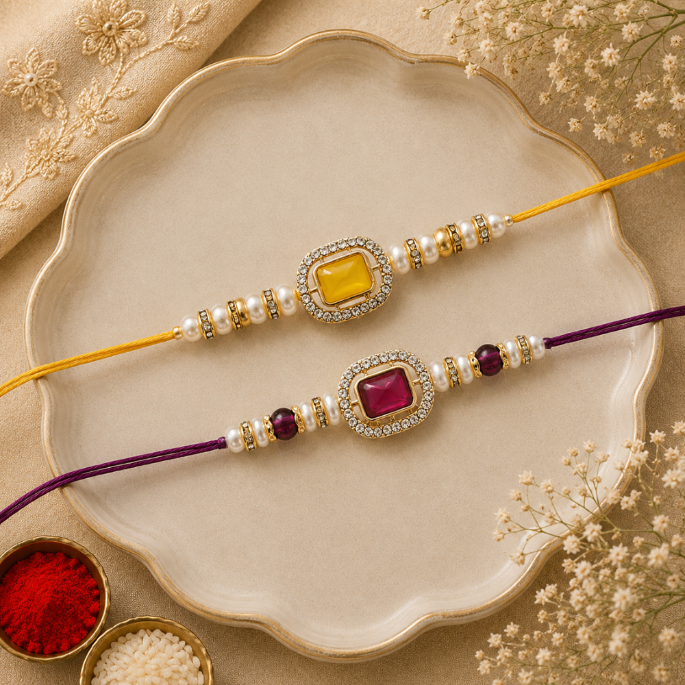 Elegance Kundan & Pearl Beads Rakhi with Roli Chawal & Card (Pack of 2)