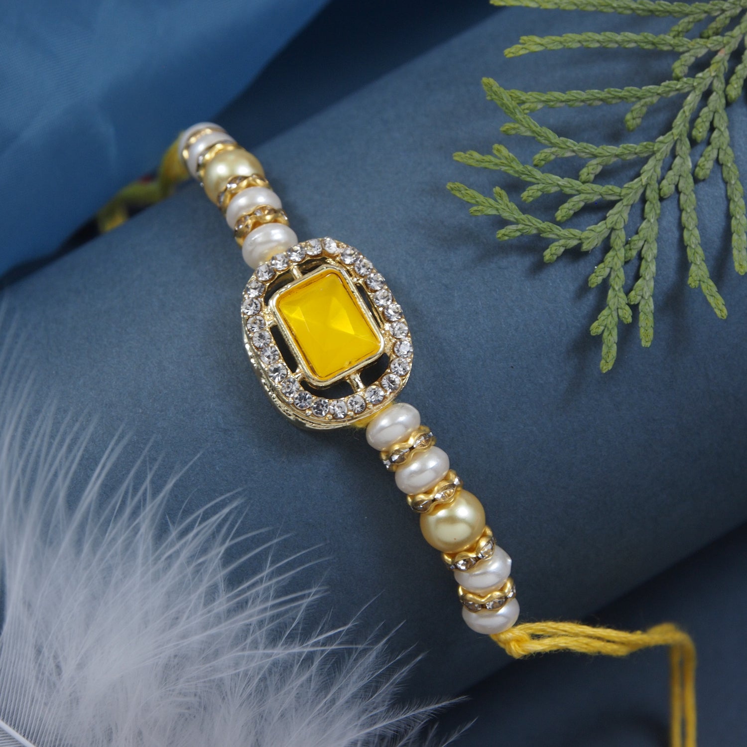 Delicate Pearl Beads Yellow Rakhi with Roli Chawal & Rakshabandhan Card
