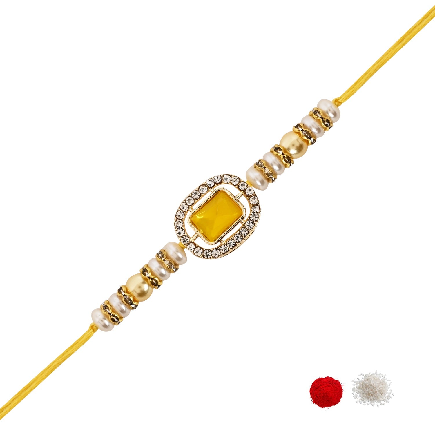 Delicate Pearl Beads Yellow Rakhi with Roli Chawal & Rakshabandhan Card