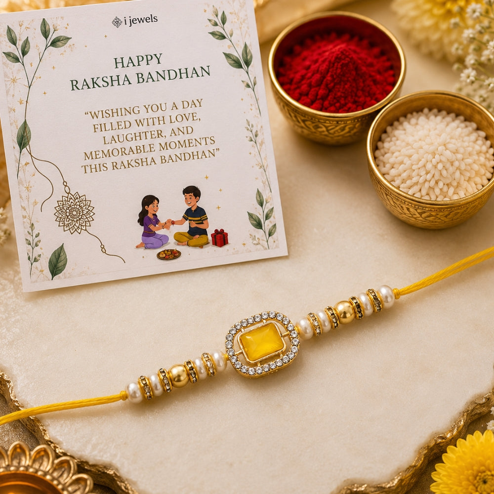 Delicate Pearl Beads Yellow Rakhi with Roli Chawal & Rakshabandhan Card