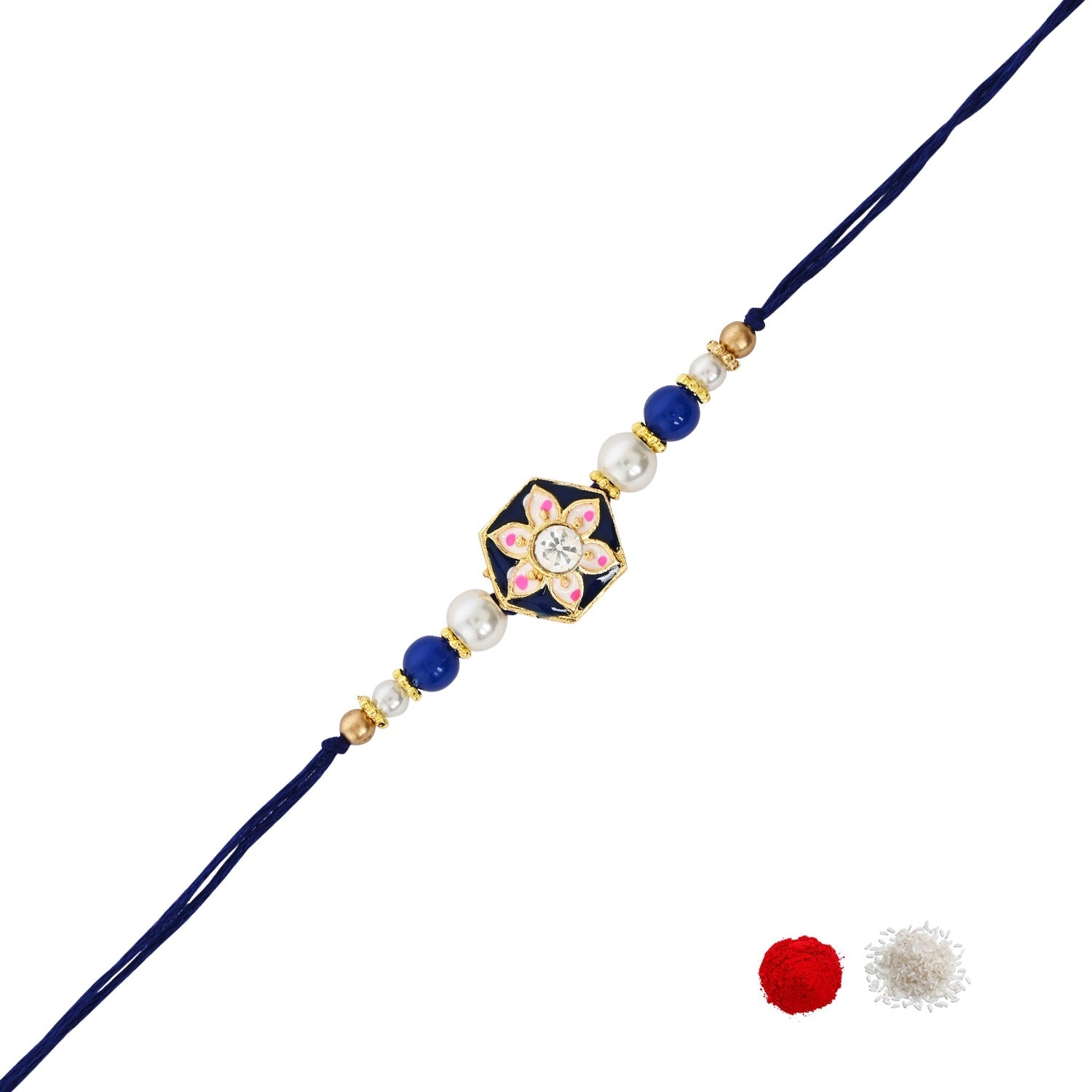 Delicate Pearl Beads Blue Rakhi with Roli Chawal & Rakshabandhan Card