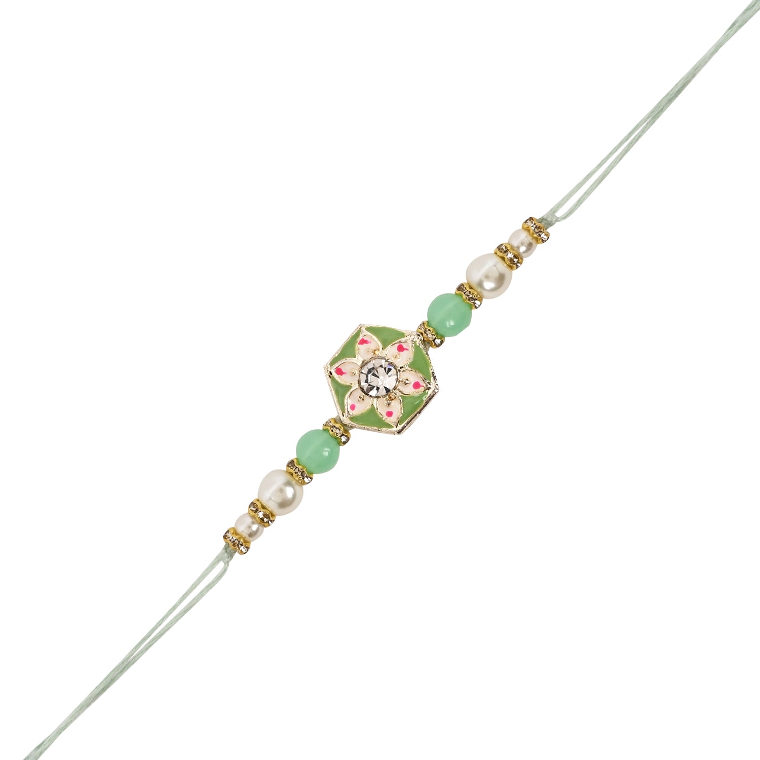 Designer Bhaiya Bhabhi Mint Lumba Bracelet & Rakhi With Roli Chawal & Card