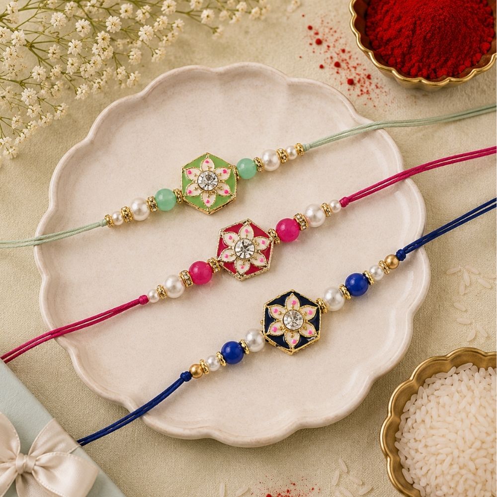Elegance Kundan & Pearl Beads Rakhi with Roli Chawal & Card (Pack of 3)