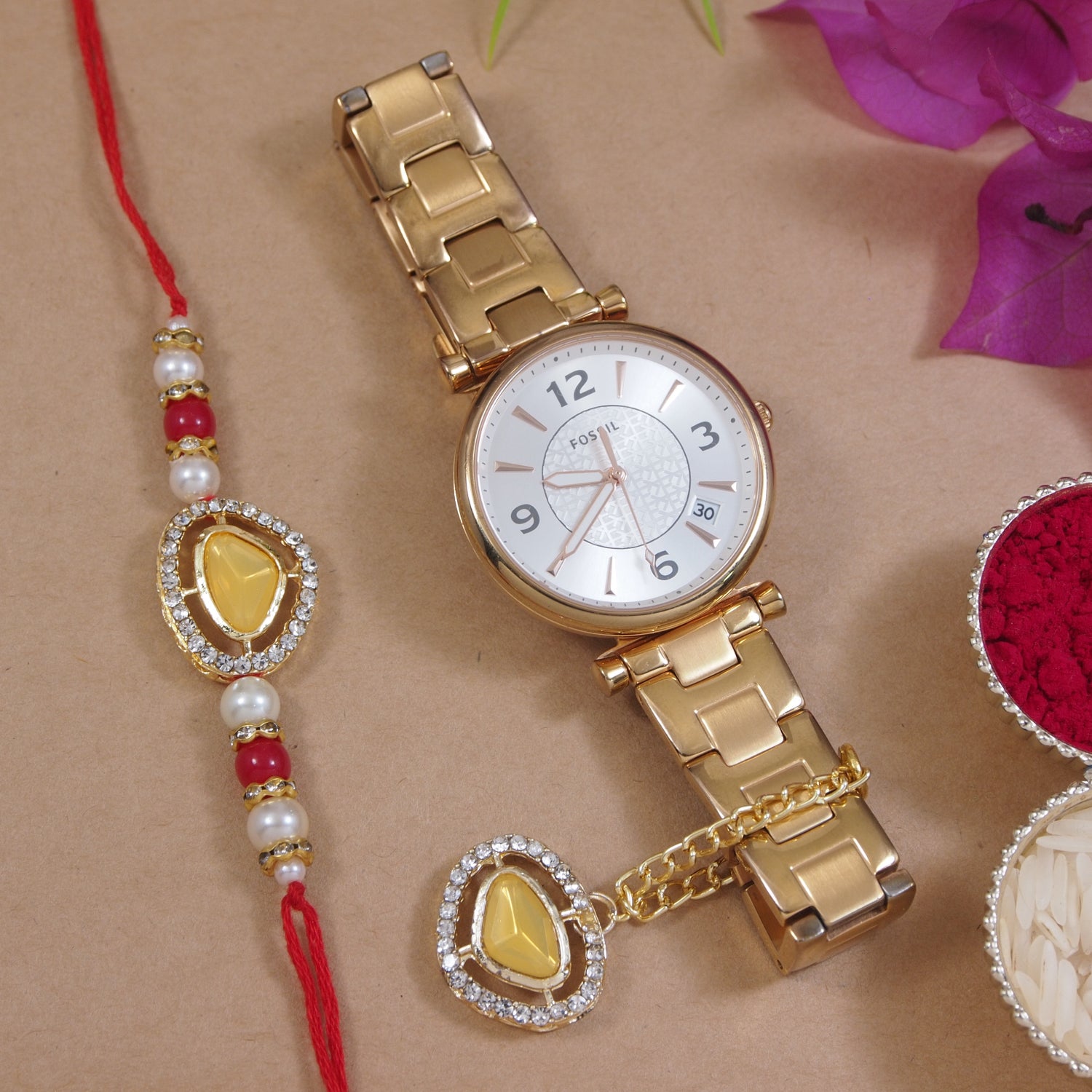 Yellow Pearl & Kundan Rakhi & Watch Charm Lumba (Watch Accesories) Combo With Roli Chawal & Rakshabandhan Card