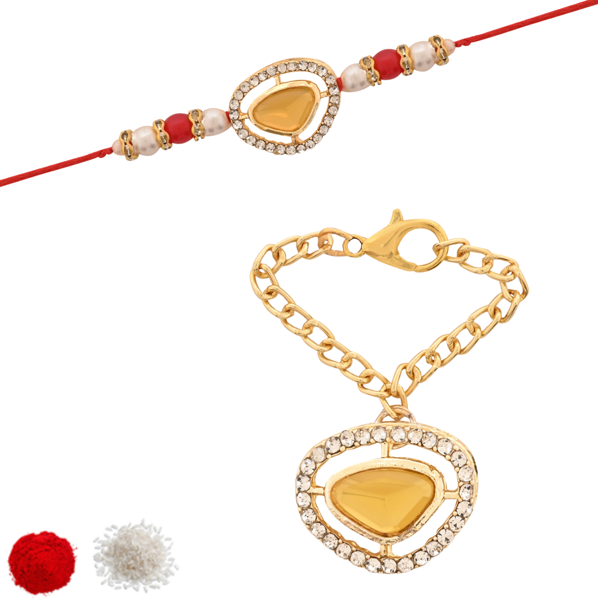 Yellow Pearl & Kundan Rakhi & Watch Charm Lumba (Watch Accesories) Combo With Roli Chawal & Rakshabandhan Card