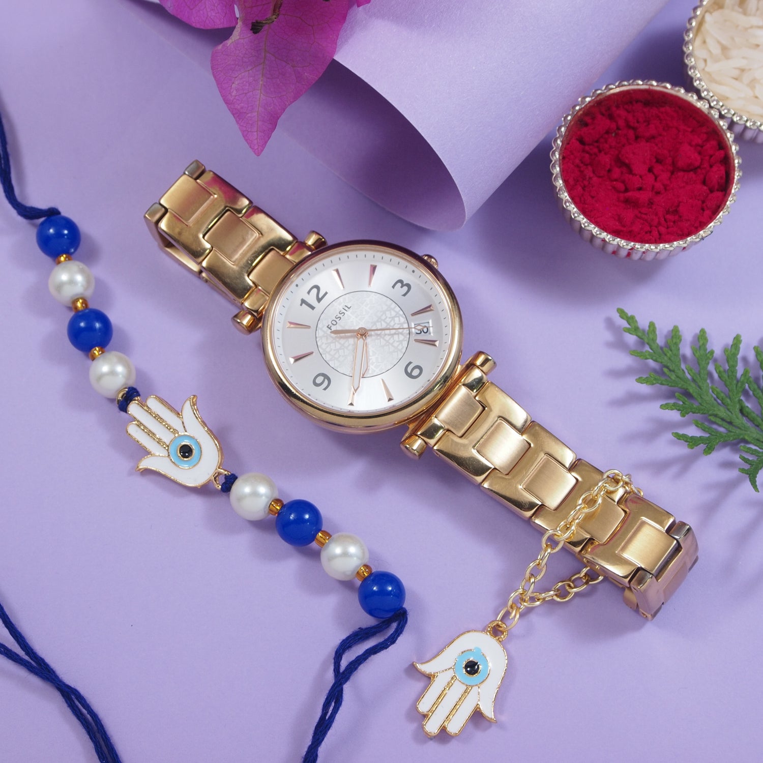 Hamsa Shape Evil Eye Rakhi & Watch Charm Lumba (Watch Accesories) Combo With Roli Chawal & Rakshabandhan Card