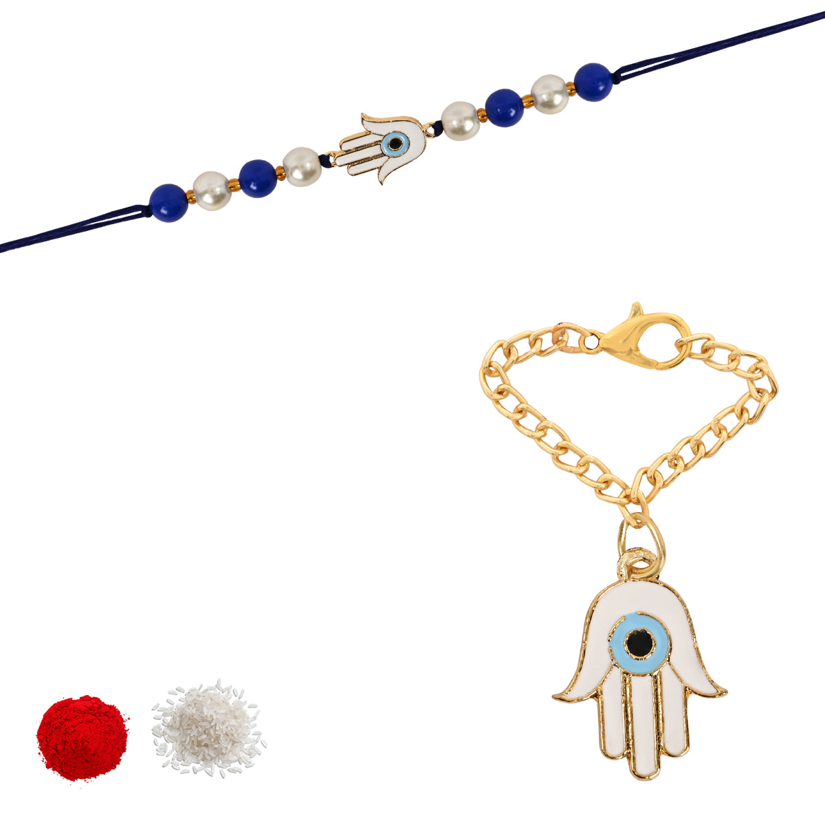 Hamsa Shape Evil Eye Rakhi & Watch Charm Lumba (Watch Accesories) Combo With Roli Chawal & Rakshabandhan Card