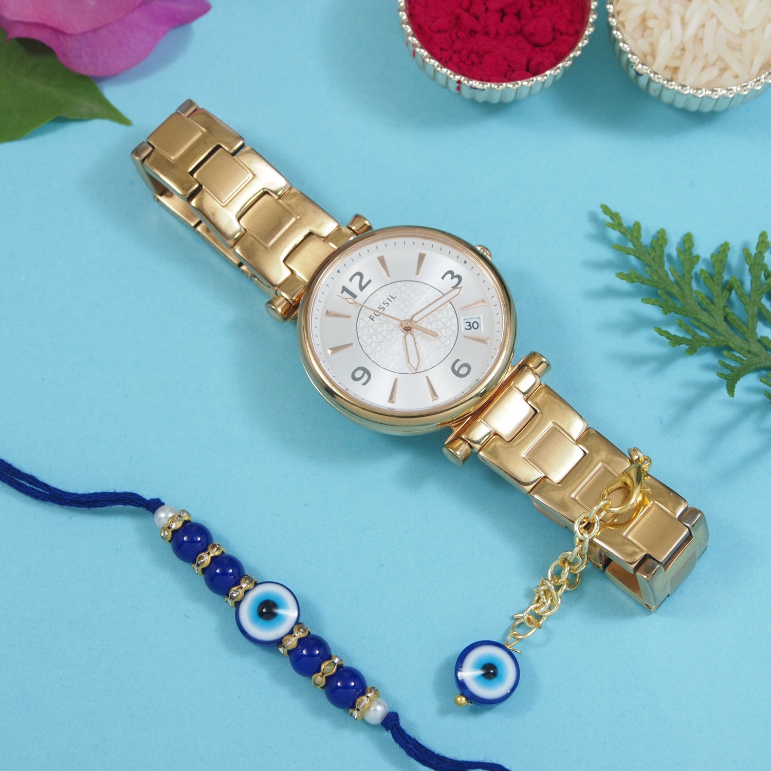 Round Shape Evil Eye Rakhi & Watch Charm Lumba (Watch Accesories) Combo With Roli Chawal & Rakshabandhan Card
