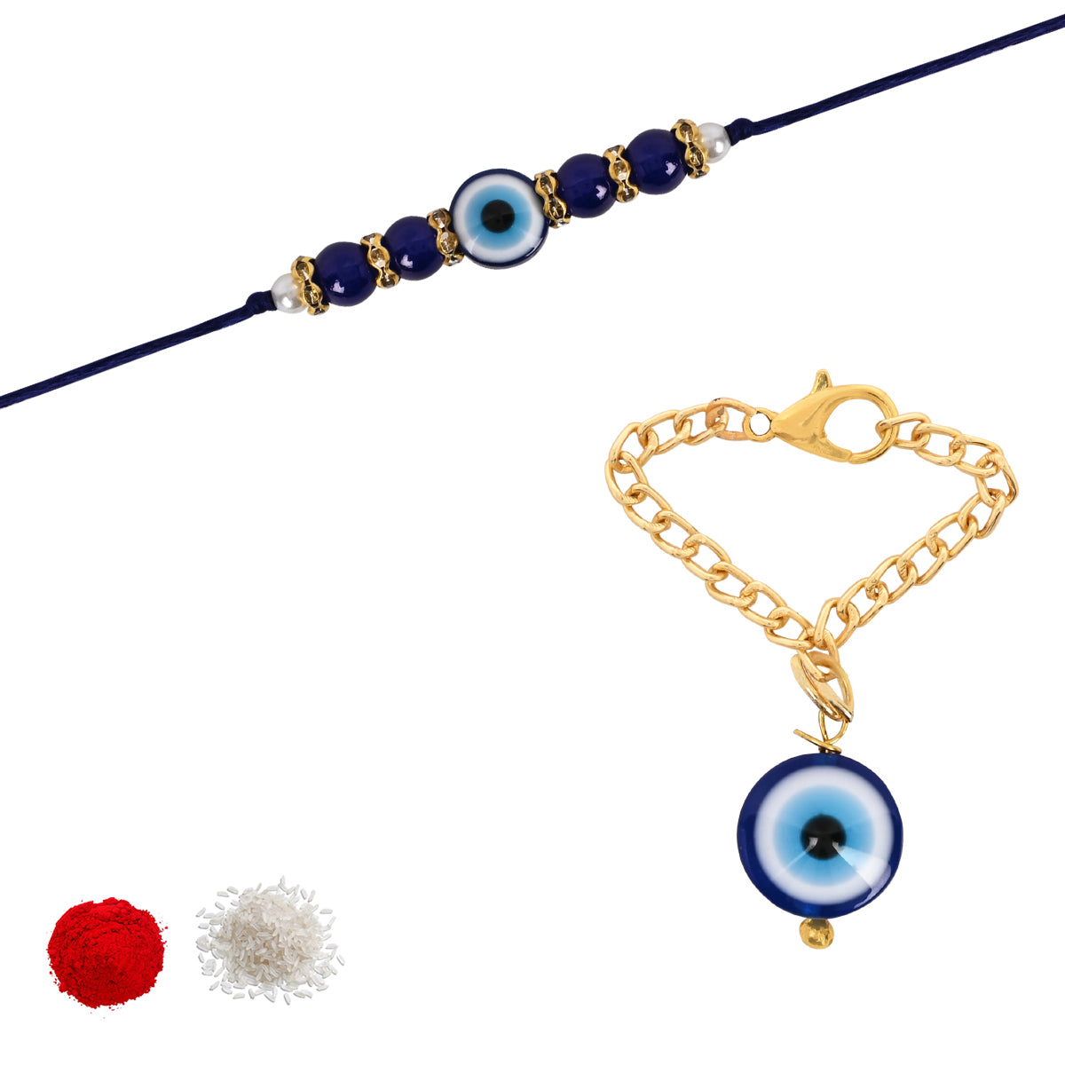 Round Shape Evil Eye Rakhi & Watch Charm Lumba (Watch Accesories) Combo With Roli Chawal & Rakshabandhan Card