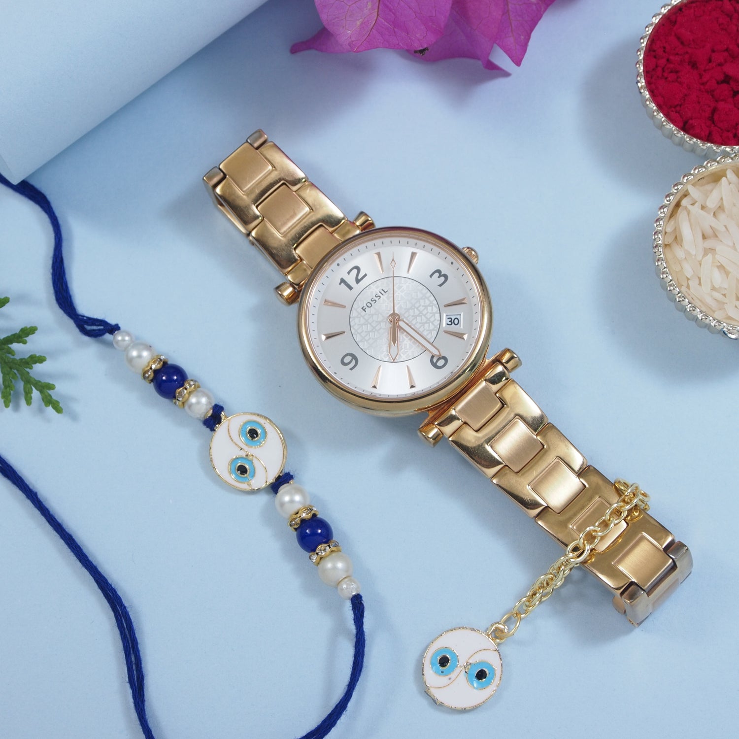Round Shape Evil Eye Rakhi & Watch Charm Lumba (Watch Accesories) Combo With Roli Chawal & Rakshabandhan Card