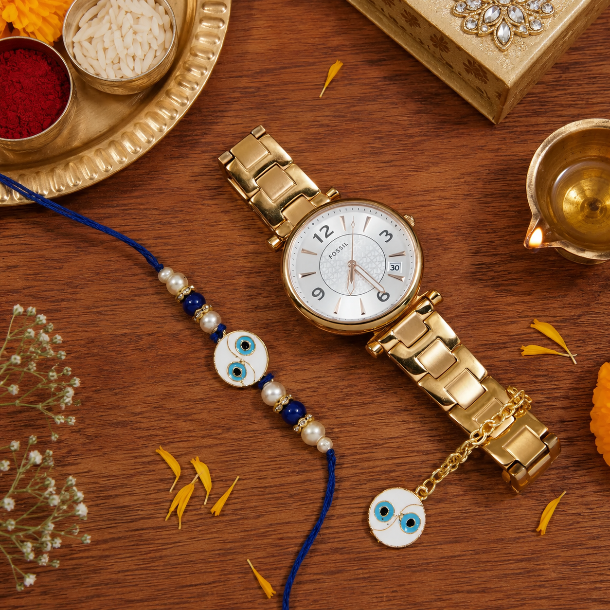 Round Shape Evil Eye Rakhi & Watch Charm Lumba (Watch Accesories) Combo With Roli Chawal & Rakshabandhan Card
